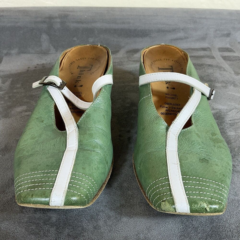 Think! Hobbit Mules 38 Mossy Green White Strap Mules Slip On Shoes 8